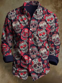 Men's 3D Halloween skull print long-sleeved shirt. Spring and autumn polyester fabric casual everyday wear. Lapel casual shirt.