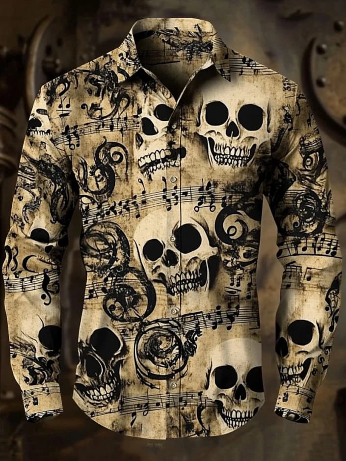 Men's 3D Halloween skull print long-sleeved shirt. Spring and autumn polyester fabric casual everyday wear. Lapel casual shirt.