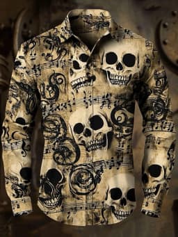 Men's 3D Halloween skull print long-sleeved shirt. Spring and autumn polyester fabric casual everyday wear. Lapel casual shirt.