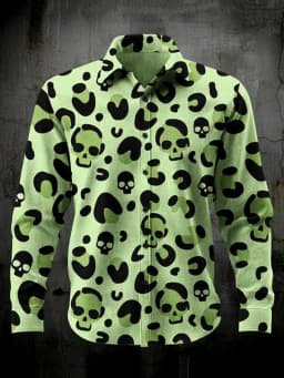 Men's 3D Halloween skull print long-sleeved shirt. Spring and autumn polyester fabric casual everyday wear. Lapel casual shirt.