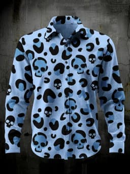 Men's 3D Halloween skull print long-sleeved shirt. Spring and autumn polyester fabric casual everyday wear. Lapel casual shirt.