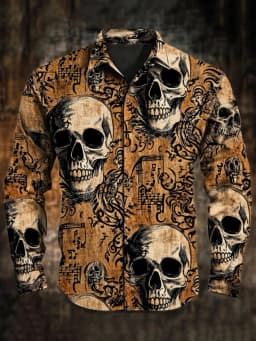 Men's 3D Halloween skull print long-sleeved shirt. Spring and autumn polyester fabric casual everyday wear. Lapel casual shirt.