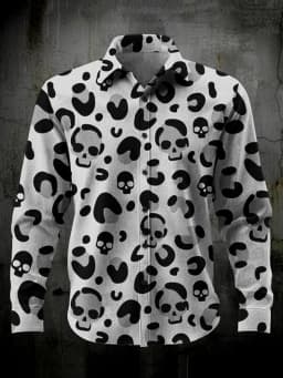 Men's 3D Halloween skull print long-sleeved shirt. Spring and autumn polyester fabric casual everyday wear. Lapel casual shirt.