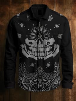 Men's 3D Halloween skull print long-sleeved shirt. Spring and autumn polyester fabric casual everyday wear. Lapel casual shirt.