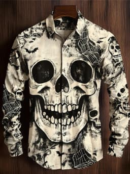 Men's 3D Halloween skull print long-sleeved shirt. Spring and autumn polyester fabric casual everyday wear. Lapel casual shirt.