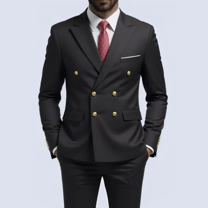 Men Double Breasted Suit Black Slim Fit High Quality Wedding Costume Party Prom Gold Button Male Suits
