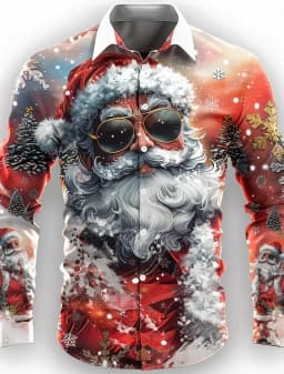 2025 Men's Fashion Retro Santa 3D Print Shirt Long Sleeve Y2K Style Vintage Christmas Party Wear Comfort Fit