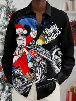 2025 Men's Fashion Retro Santa 3D Print Shirt Long Sleeve Y2K Style Vintage Christmas Party Wear Comfort Fit