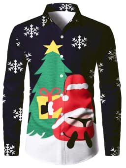 2025 Men's Fashion Retro Santa 3D Print Shirt Long Sleeve Y2K Style Vintage Christmas Party Wear Comfort Fit