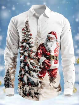 2025 Men's Fashion Retro Santa 3D Print Shirt Long Sleeve Y2K Style Vintage Christmas Party Wear Comfort Fit