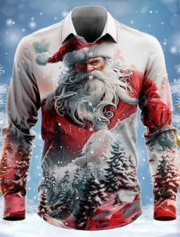 2025 Men's Fashion Retro Santa 3D Print Shirt Long Sleeve Y2K Style Vintage Christmas Party Wear Comfort Fit