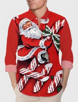 2025 Men's Fashion Retro Santa 3D Print Shirt Long Sleeve Y2K Style Vintage Christmas Party Wear Comfort Fit