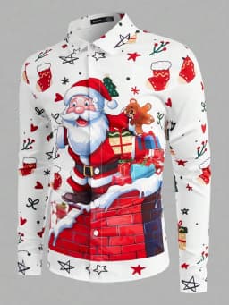 2025 Men's Fashion Retro Santa 3D Print Shirt Long Sleeve Y2K Style Vintage Christmas Party Wear Comfort Fit