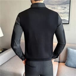 Autumn Winter Spliced Knitted Sweater for Men Casual Business Knittwear Striped Shirt Collar Fake Two-piece Knitted Sweaters