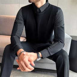 Autumn Winter Spliced Knitted Sweater for Men Casual Business Knittwear Striped Shirt Collar Fake Two-piece Knitted Sweaters