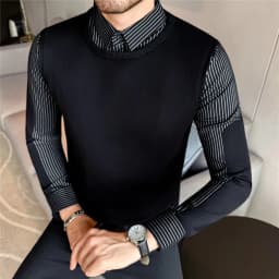 Autumn Winter Spliced Knitted Sweater for Men Casual Business Knittwear Striped Shirt Collar Fake Two-piece Knitted Sweaters