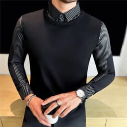 Autumn Winter Spliced Knitted Sweater for Men Casual Business Knittwear Striped Shirt Collar Fake Two-piece Knitted Sweaters