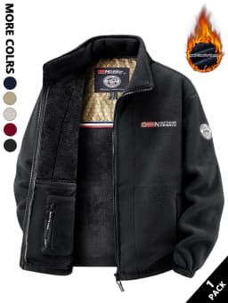 Men's Multi-Color Fleece-Lined Stand-Collar Jacket for Autumn and Winter, Full-Zip Thickened Warm Coat, with Fine Fleece Lining and Elastic Cuff Cuffs, Chest Badge Decoration, Versatile Men's Outerwear for Daily Commuting, Outdoor Activities, and Casual Wear