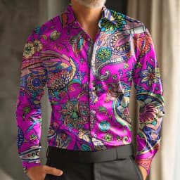 Paisley Retro Carnival Print Men's Long-Sleeve Shirt, Loose Fit, Casual Street Style, Comfortable and Stylish Shirt
