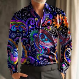 Paisley Retro Carnival Print Men's Long-Sleeve Shirt, Loose Fit, Casual Street Style, Comfortable and Stylish Shirt