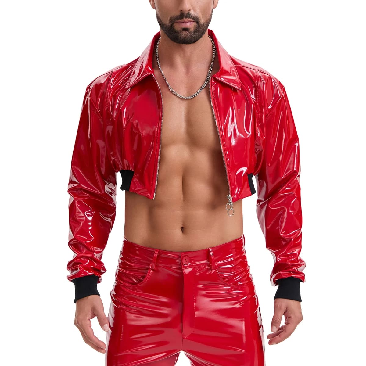 Wetlook Leather Motorcycle Jacket For Men Sexy Cropped Lapel Half-Shirt Long Sleeve Metallic Collared Short Tops Party