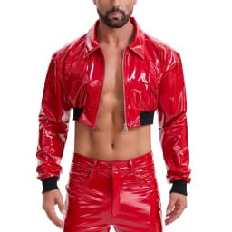 Wetlook Leather Motorcycle Jacket For Men Sexy Cropped Lapel Half-Shirt Long Sleeve Metallic Collared Short Tops Party