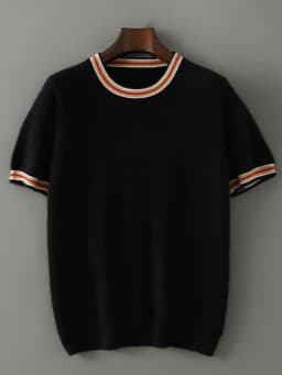 2026 Summer New Fashion O-Neck 100% Wool Knit Short Sleeve Spliced Business Casual T-Shirts Men's Clothing Loose England Tees