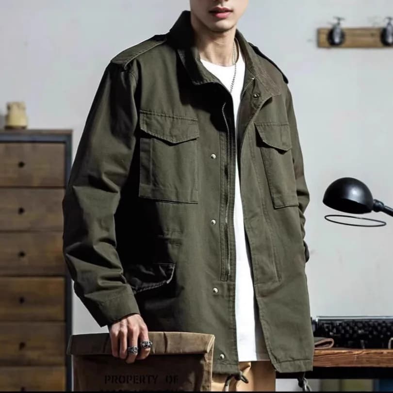 Vintage Men's Cargo Jacket Casual Solid Coat Mens Clothes Multi-Pocket Jacket Retro Jackets for Men Green Outdoor Windbreaker