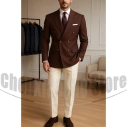 Men's Suit Brown Striped Double Breasted Blazer with Beige Pants Two Piece Formal Business Casual Outfit Office Daily Wear