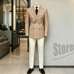 Men's Suit Brown Striped Double Breasted Blazer with Beige Pants Two Piece Formal Business Casual Outfit Office Daily Wear