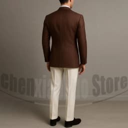Men's Suit Brown Striped Double Breasted Blazer with Beige Pants Two Piece Formal Business Casual Outfit Office Daily Wear