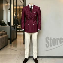 Men's Suit Brown Striped Double Breasted Blazer with Beige Pants Two Piece Formal Business Casual Outfit Office Daily Wear