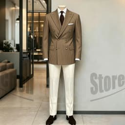 Men's Suit Brown Striped Double Breasted Blazer with Beige Pants Two Piece Formal Business Casual Outfit Office Daily Wear