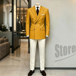 Men's Suit Brown Striped Double Breasted Blazer with Beige Pants Two Piece Formal Business Casual Outfit Office Daily Wear