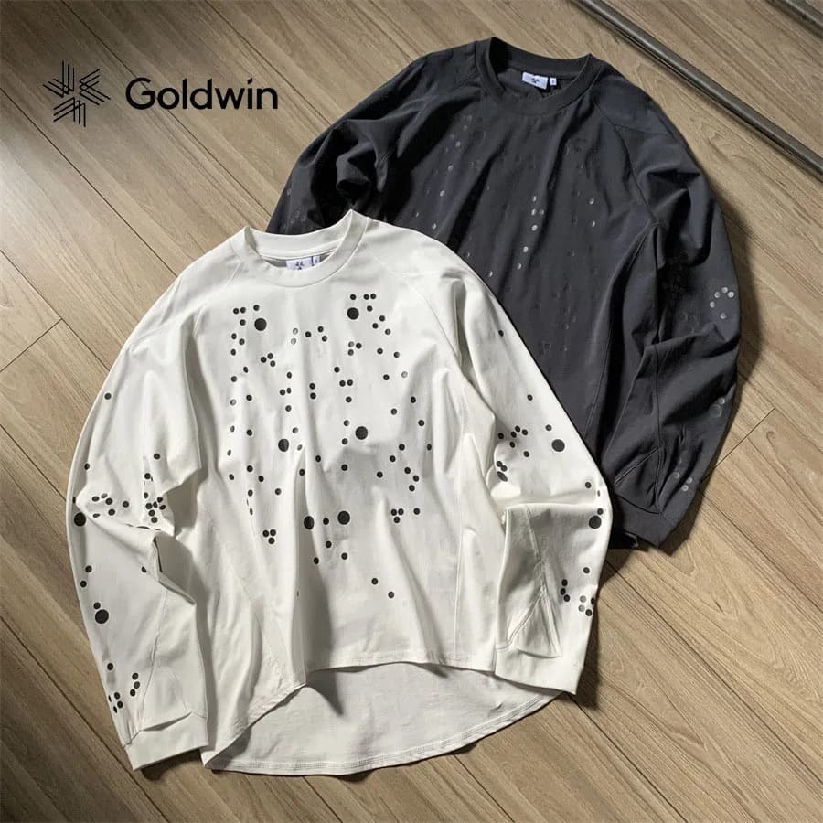 GOLDWIN 0 Series Mens Womens All Over Reflective Graphic Long Sleeve Shirt Round Neck Gorpcore Trail Running Base Top