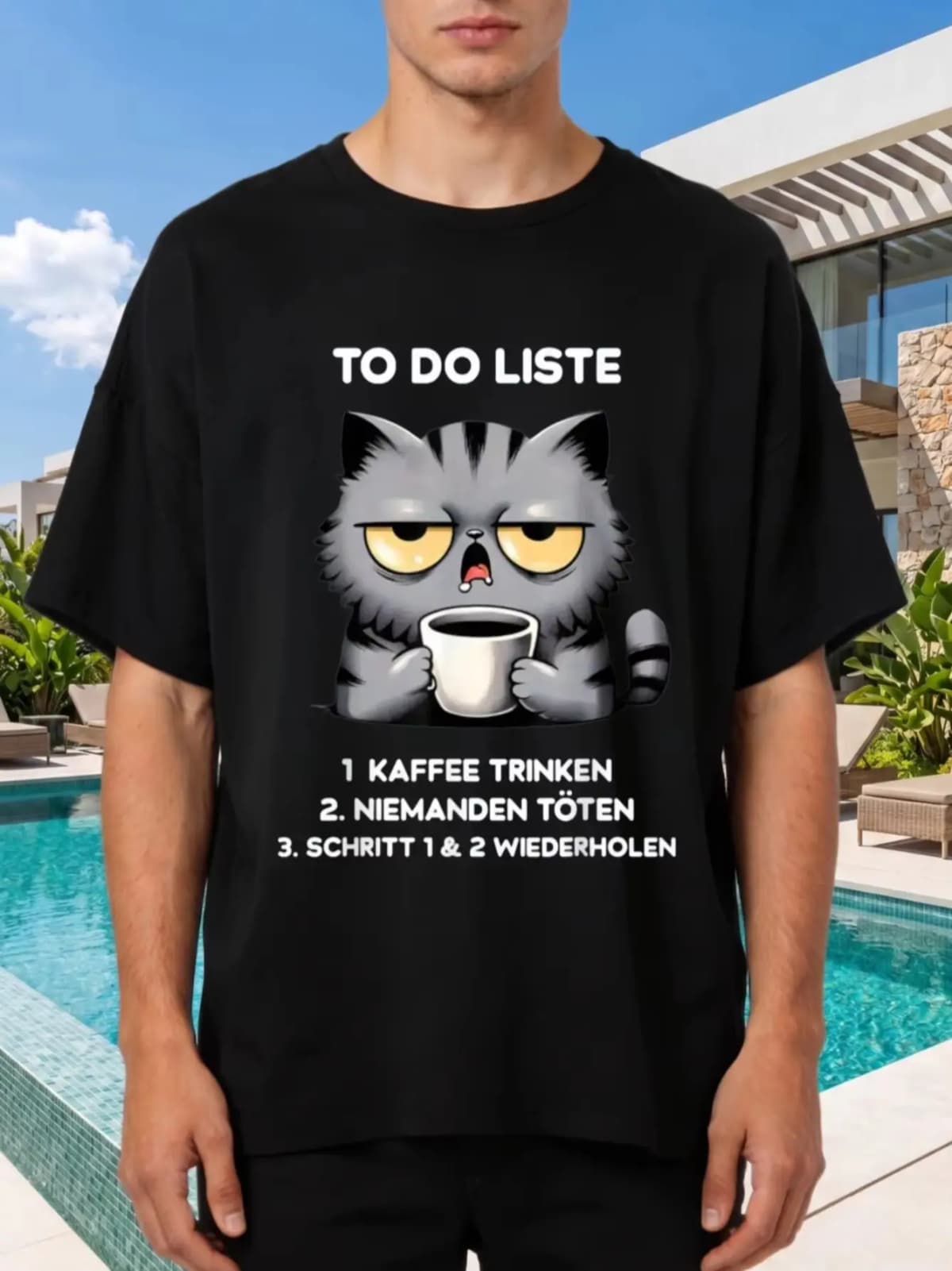 1pcs 100% Cotton To Do Liste Coffee Cat O-neck Short Sleeves T-shirt Print Plus Size Comfortable Casual Wear, Machine Washable
