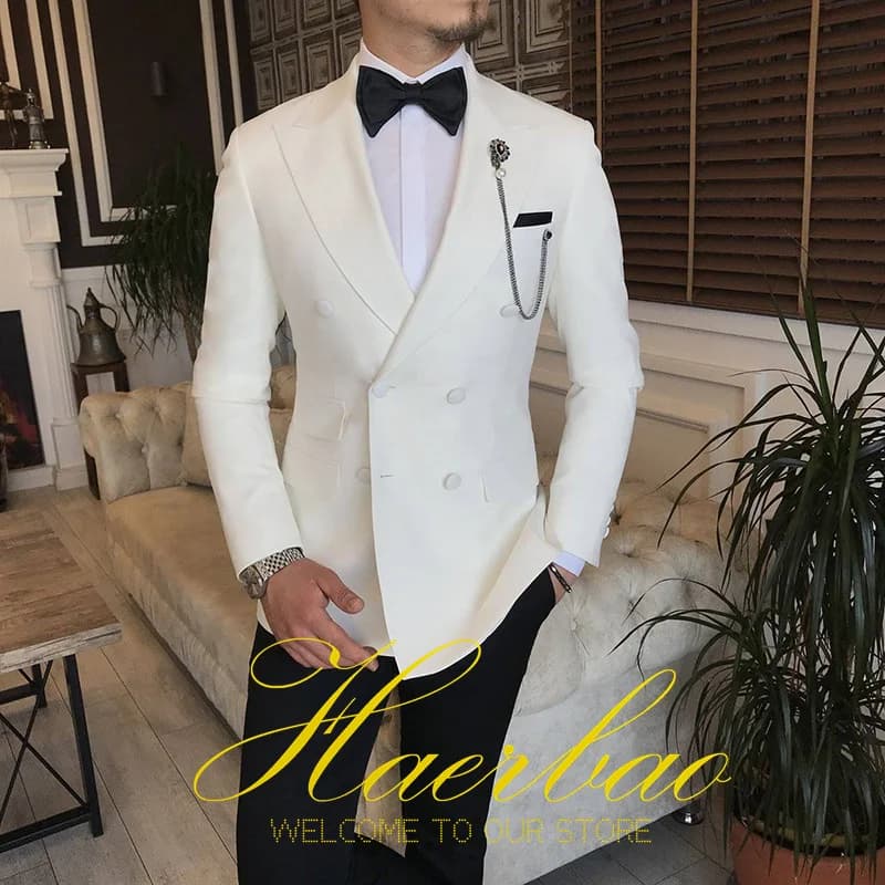 Ivory Men Wedding Tuxedos Suit Blazer Double Breasted Groom Suits For Men 2 Piece Party Best Man Jacket Pant Custom Made