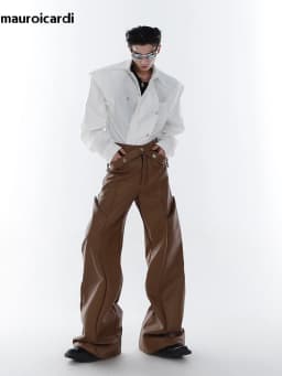 Mauroicardi Spring Autumn Long Loose Casual Brown Black Pu Leather Pants Men Luxury Designer Clothing Wide Leg Trousers 2023