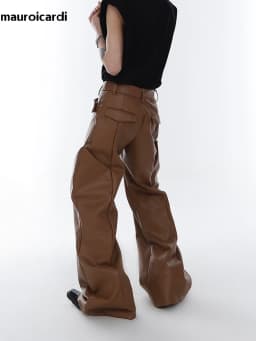 Mauroicardi Spring Autumn Long Loose Casual Brown Black Pu Leather Pants Men Luxury Designer Clothing Wide Leg Trousers 2023