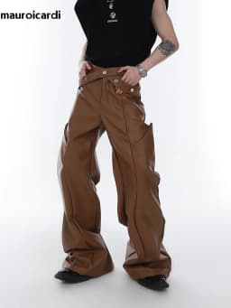 Mauroicardi Spring Autumn Long Loose Casual Brown Black Pu Leather Pants Men Luxury Designer Clothing Wide Leg Trousers 2023