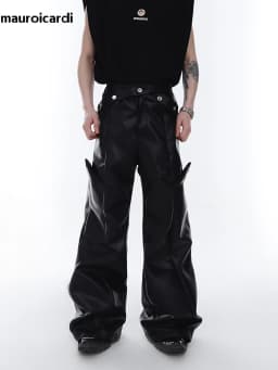 Mauroicardi Spring Autumn Long Loose Casual Brown Black Pu Leather Pants Men Luxury Designer Clothing Wide Leg Trousers 2023