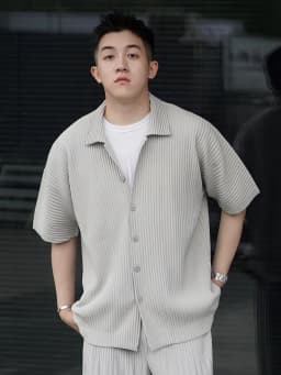 Miyake Pleated Short Sleeve Shirt Casual Solid Color Shirts Summer Button Lapel Top Men
