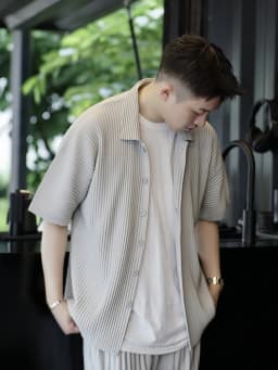 Miyake Pleated Short Sleeve Shirt Casual Solid Color Shirts Summer Button Lapel Top Men