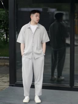 Miyake Pleated Short Sleeve Shirt Casual Solid Color Shirts Summer Button Lapel Top Men