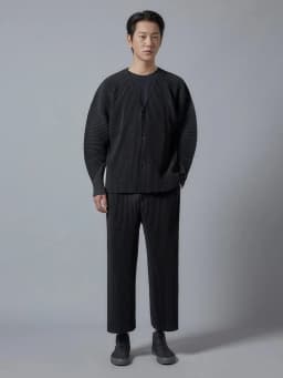 Miyake Pleated V-Neck Cardigan Men Long Sleeve Button Front Loose Casual Outerwear with Side Pockets Japanese Minimalist Plisse