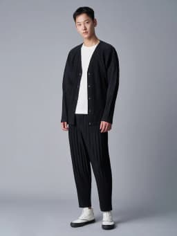Miyake Pleated V-Neck Cardigan Men Long Sleeve Button Front Loose Casual Outerwear with Side Pockets Japanese Minimalist Plisse