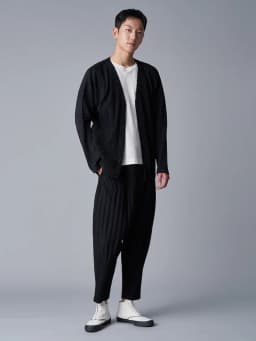 Miyake Pleated V-Neck Cardigan Men Long Sleeve Button Front Loose Casual Outerwear with Side Pockets Japanese Minimalist Plisse
