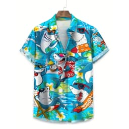 Men Shirts Cartoon Shark Hawaiian Shirt Men Clothing