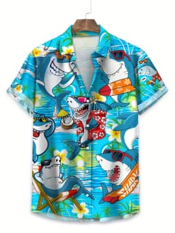 Men Shirts Cartoon Shark Hawaiian Shirt Men Clothing
