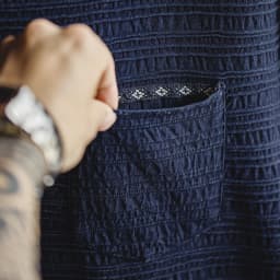 Maden Retro Knitted Jacquard Navy Blue T-shirt with Wavy Texture Loose Short-sleeved Round Neck Tee for Men's Summer Tops